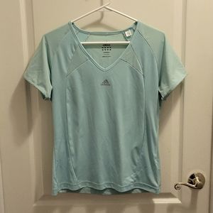 ADIDAS light aqua stretch running shirt short sleeve v neck contrast Medium EUC…